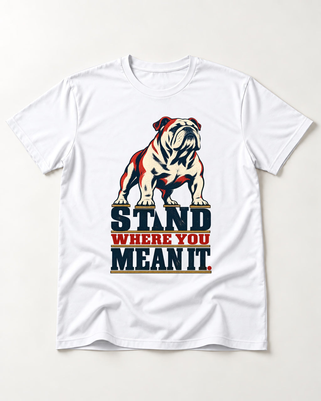 English Bulldog Stand T-Shirt in White, flat lay product photo