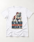 English Bulldog Stand T-Shirt in White, flat lay product photo