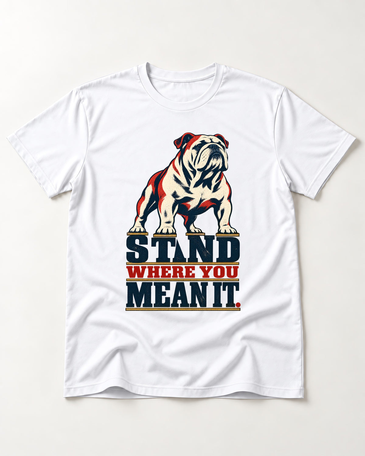 English Bulldog Stand T-Shirt in White, flat lay product photo