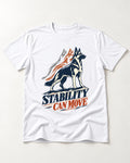 Stability Can Move German Shepherd Dog T-Shirt in White, flat lay product photo