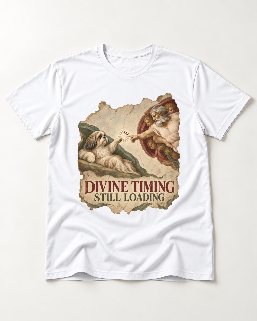 Shih Tzu Divine Timing Still Loading Renaissance Parody Graphic T-Shirt in White, flat lay product photo