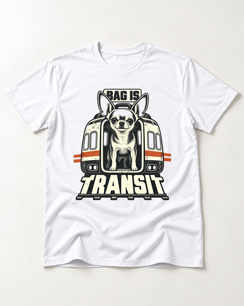 Chihuahua Bag Is Transit Train Front Graphic T-Shirt in White, flat lay product photo