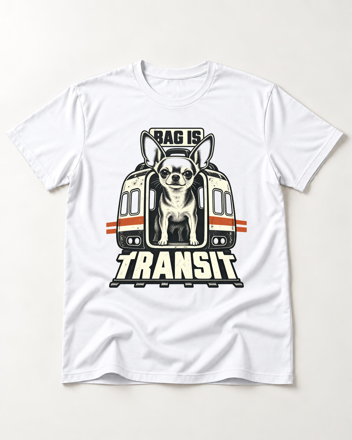 Chihuahua Bag Is Transit Train Front Graphic T-Shirt in White, flat lay product photo