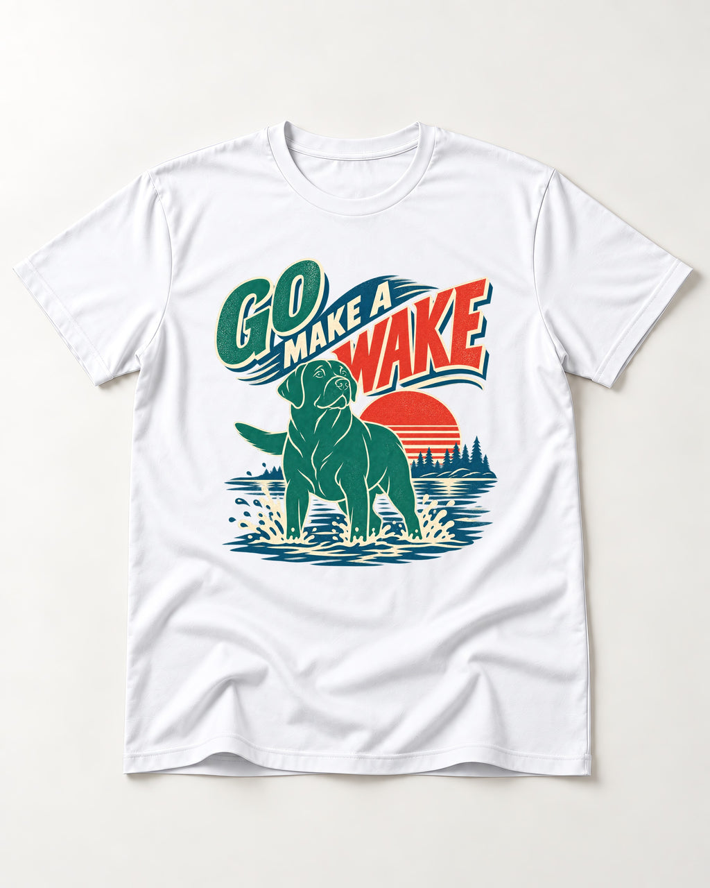 Labrador Retriever Go Make a Wake Lake Graphic T-Shirt in White, flat lay product photo