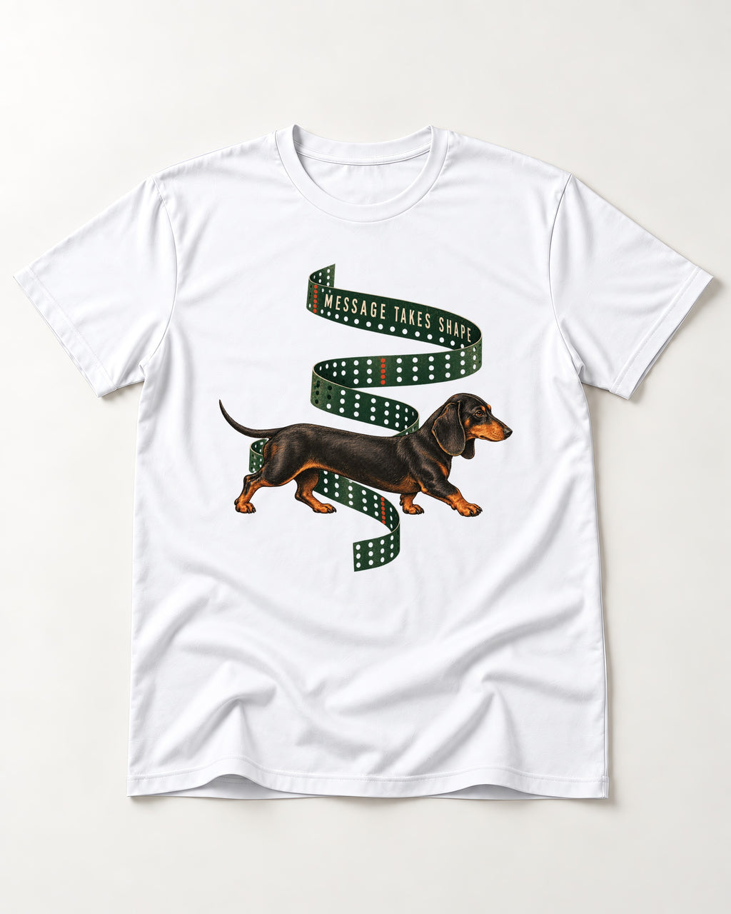 Dachshund Message Takes Shape T-Shirt in White, flat lay product photo