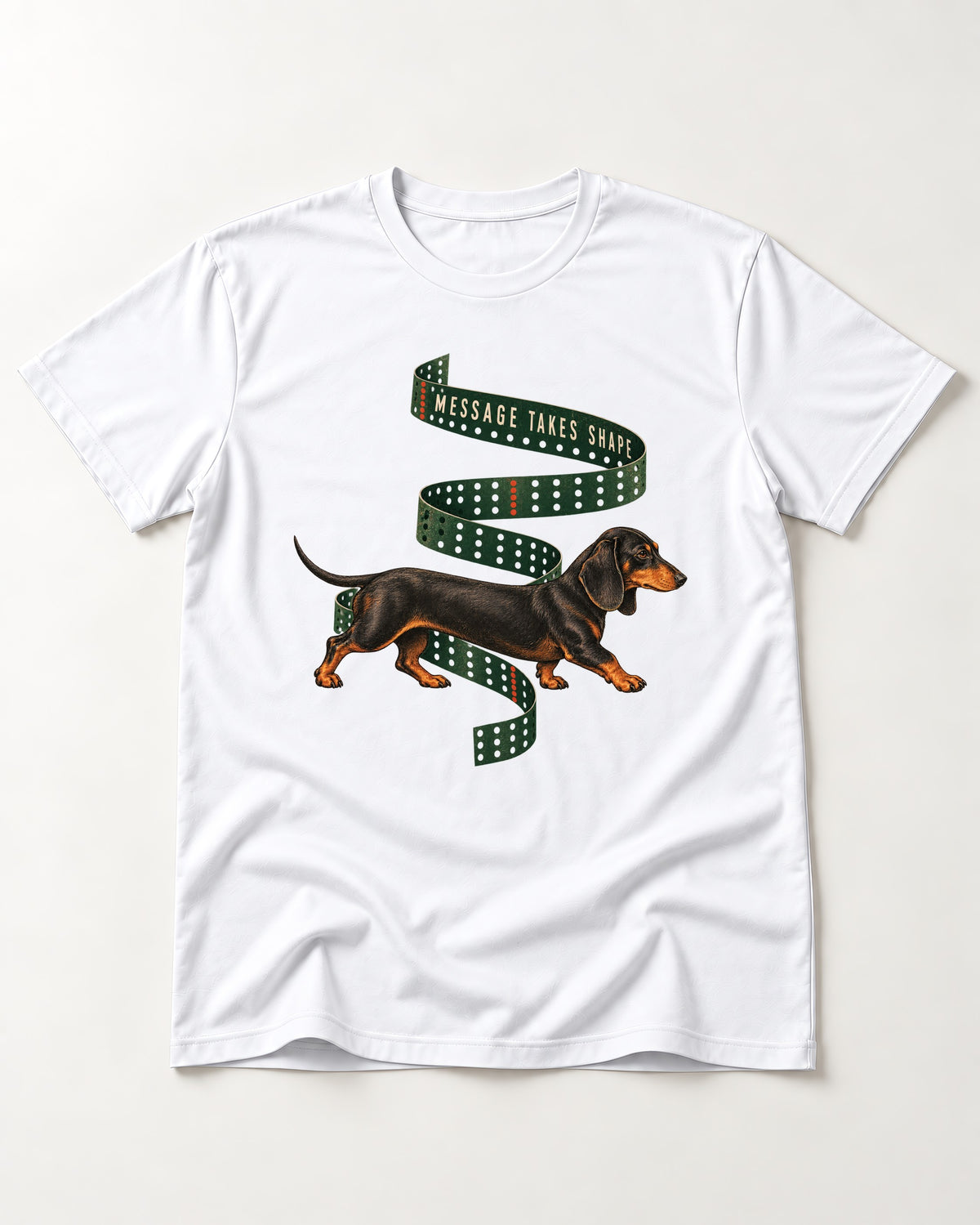 Dachshund Message Takes Shape T-Shirt in White, flat lay product photo