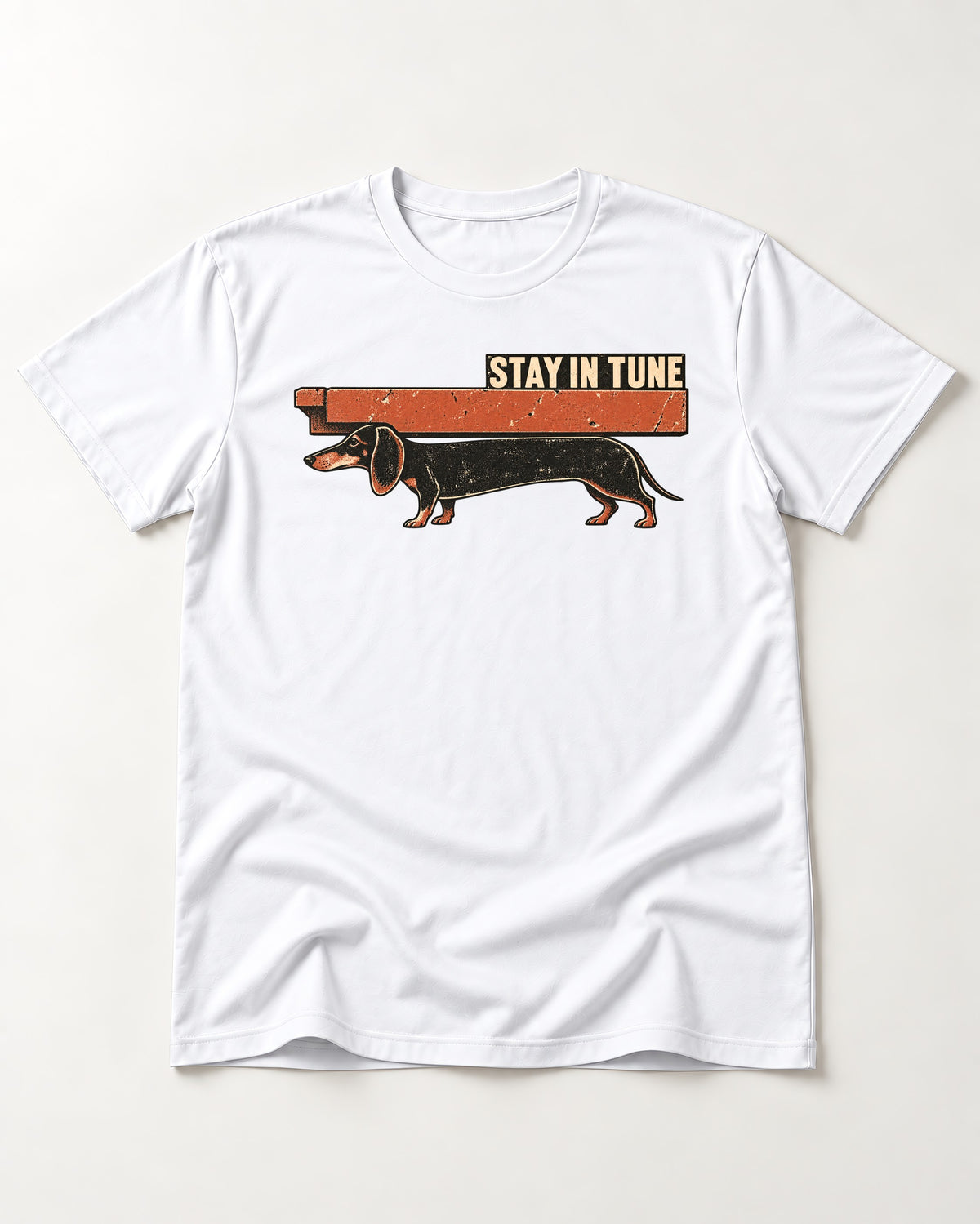 Dachshund Stay in Tune T-Shirt in White, flat lay product photo