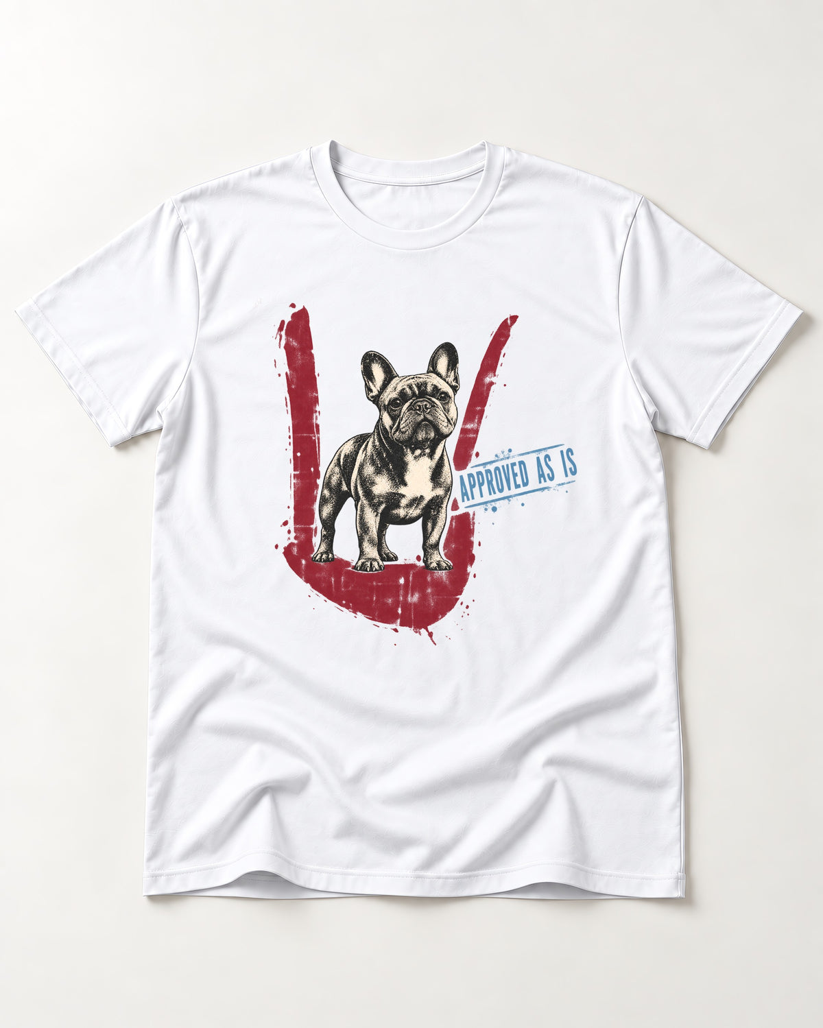 Frenchie Approved As Is Check Mark Graphic T-Shirt in White, flat lay product photo