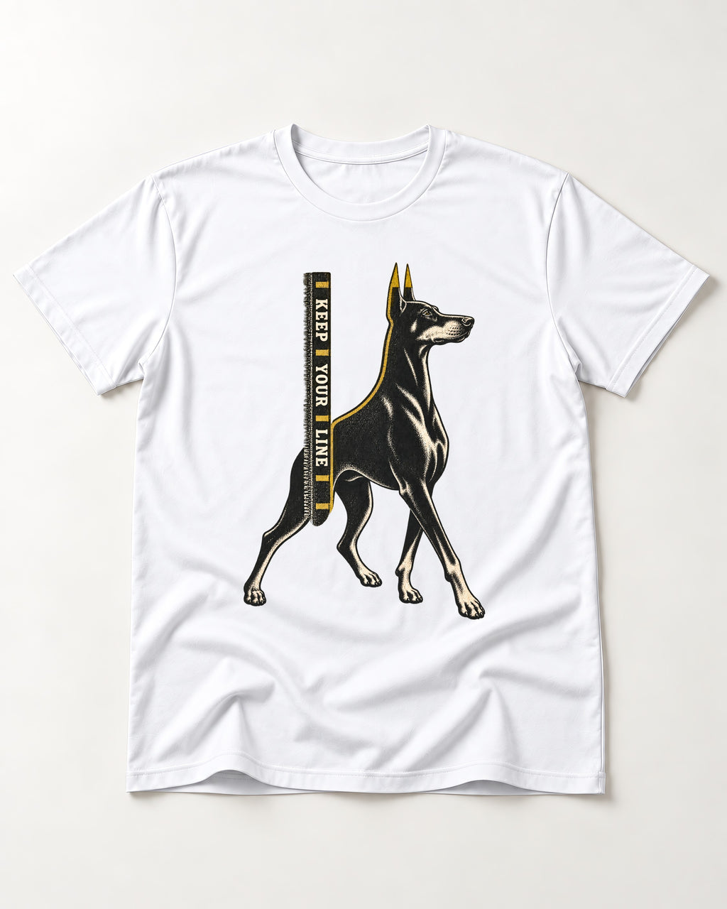 Keep Your Line Doberman T-Shirt in White, flat lay product photo