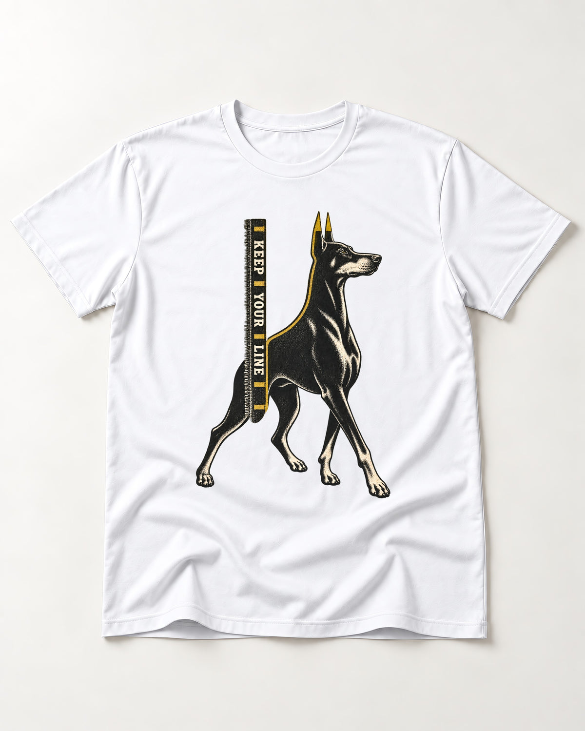 Keep Your Line Doberman T-Shirt in White, flat lay product photo
