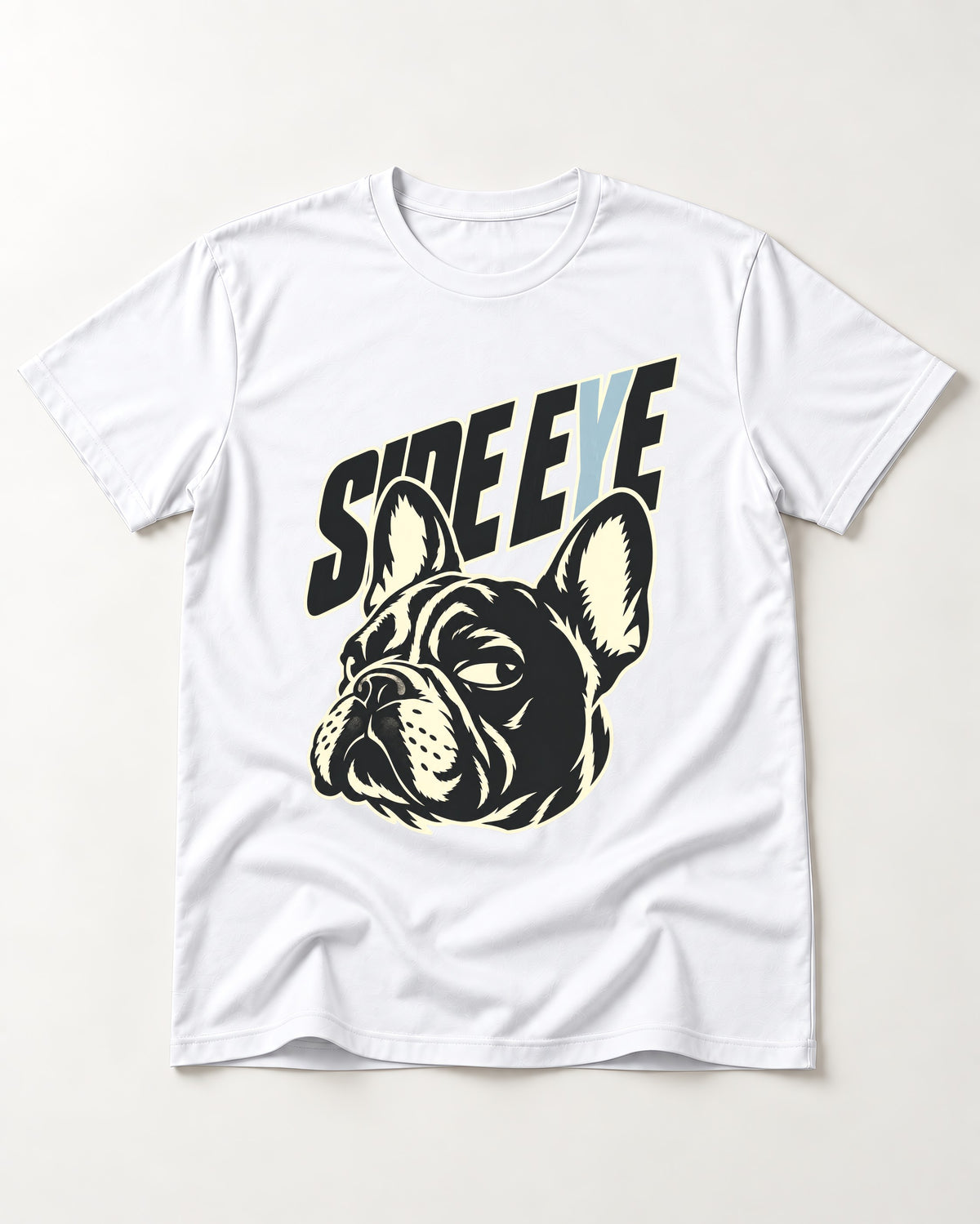 Frenchie Side Eye Portrait Graphic T-Shirt in White, flat lay product photo