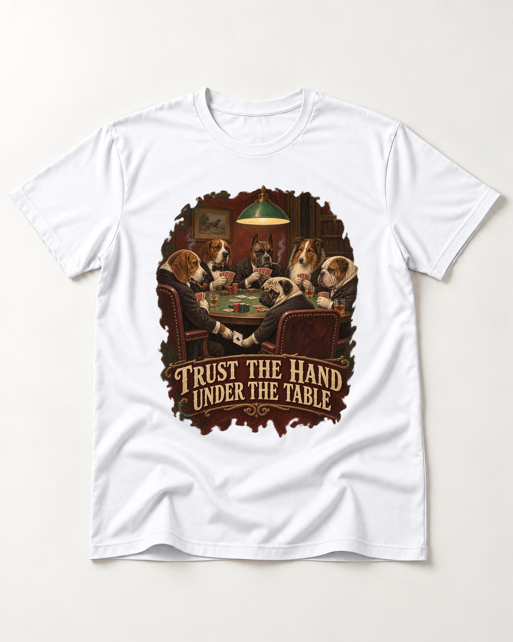 Pug Trust the Hand Under the Table Poker Graphic T-Shirt in White, flat lay product photo