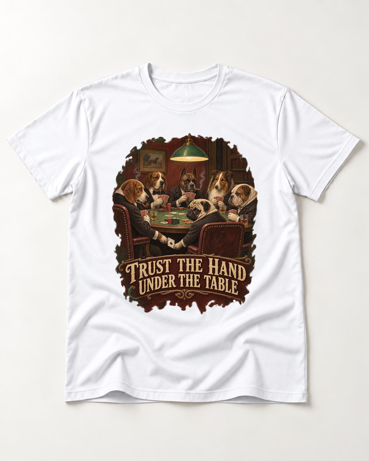 Pug Trust the Hand Under the Table Poker Graphic T-Shirt in White, flat lay product photo