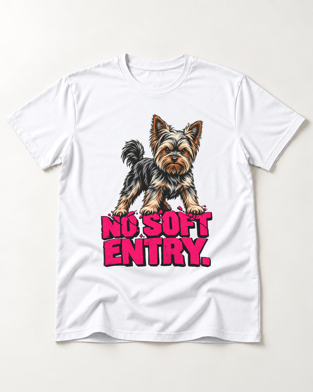 Yorkshire Terrier No Soft Entry Stance Graphic T-Shirt in White, flat lay product photo