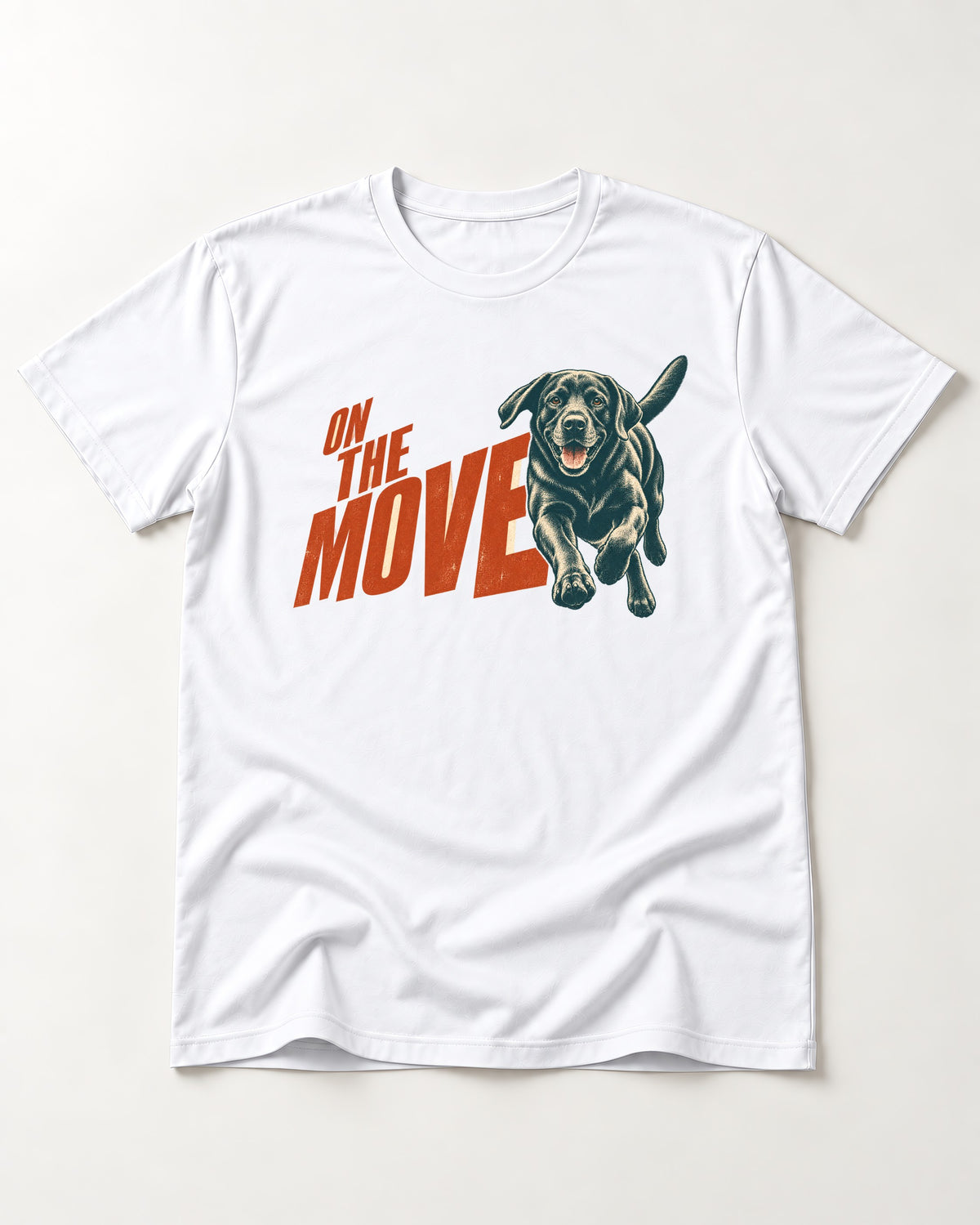 Labrador Retriever On the Move Running Graphic T-Shirt in White, flat lay product photo