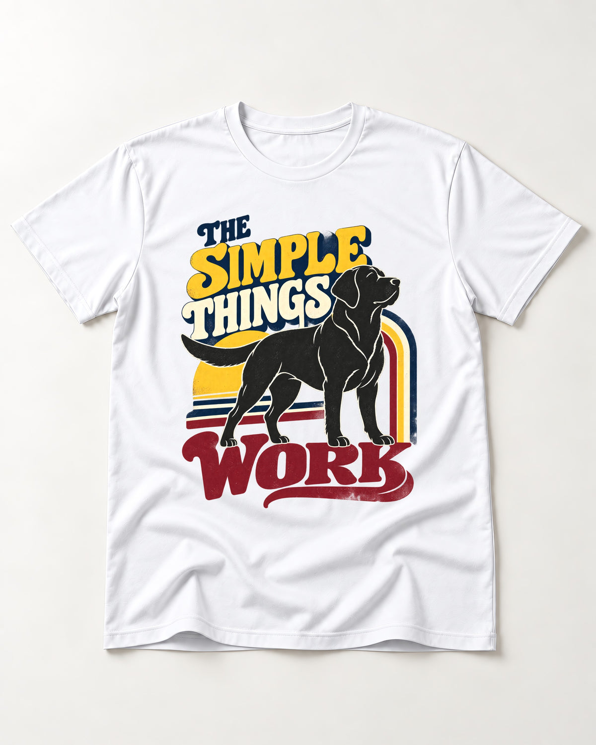 The Simple Things Work Labrador Retriever T-Shirt in White, flat lay product photo