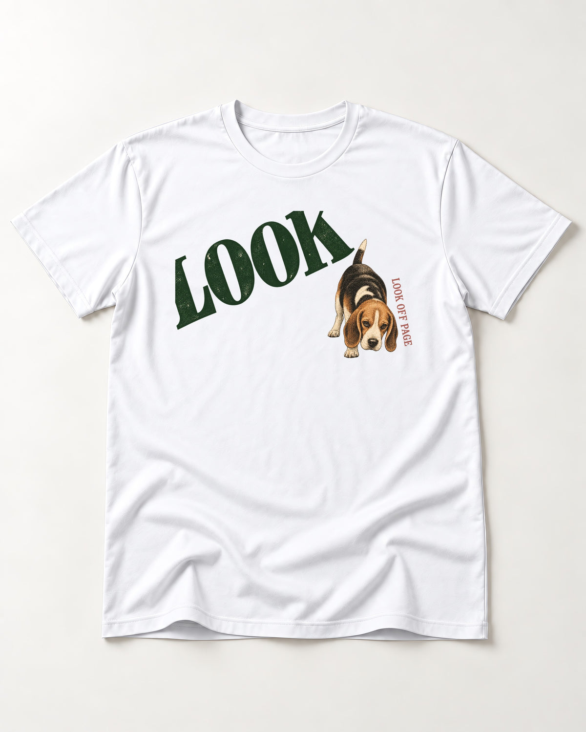 Beagle Look Off Page T-Shirt in White, flat lay product photo