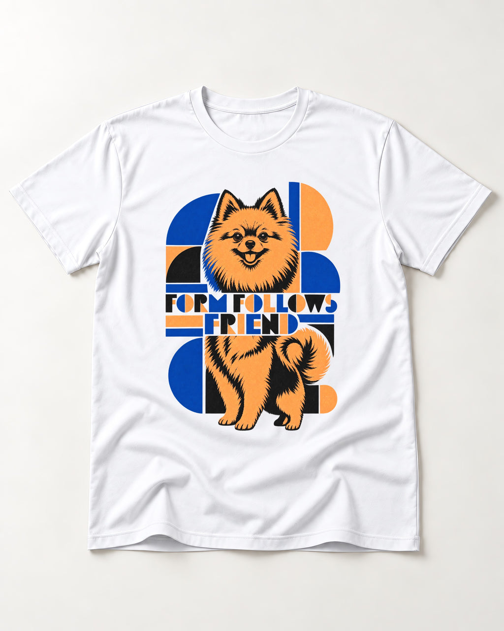Form Follows Pomeranian Friend T-Shirt in White, flat lay product photo
