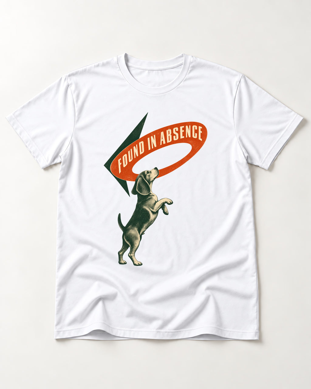 Beagle Found in Absence T-Shirt in White, flat lay product photo
