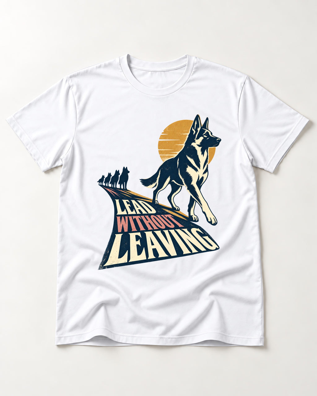 Lead Without Leaving Perspective German Shepherd Dog Graphic T-Shirt in White, flat lay product photo