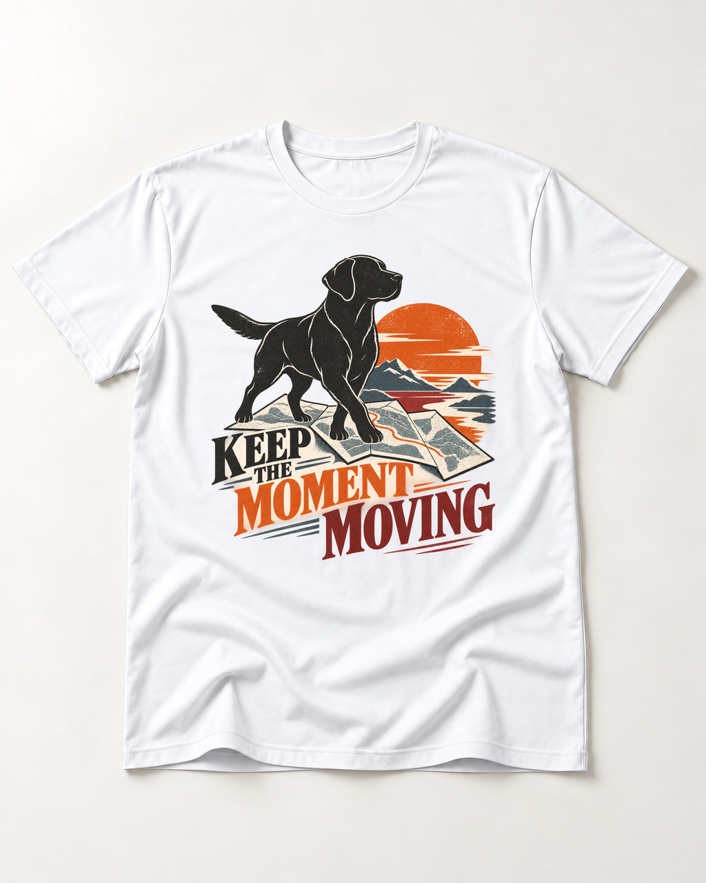 Keep the Moment Moving Labrador Retriever T-Shirt in White, flat lay product photo