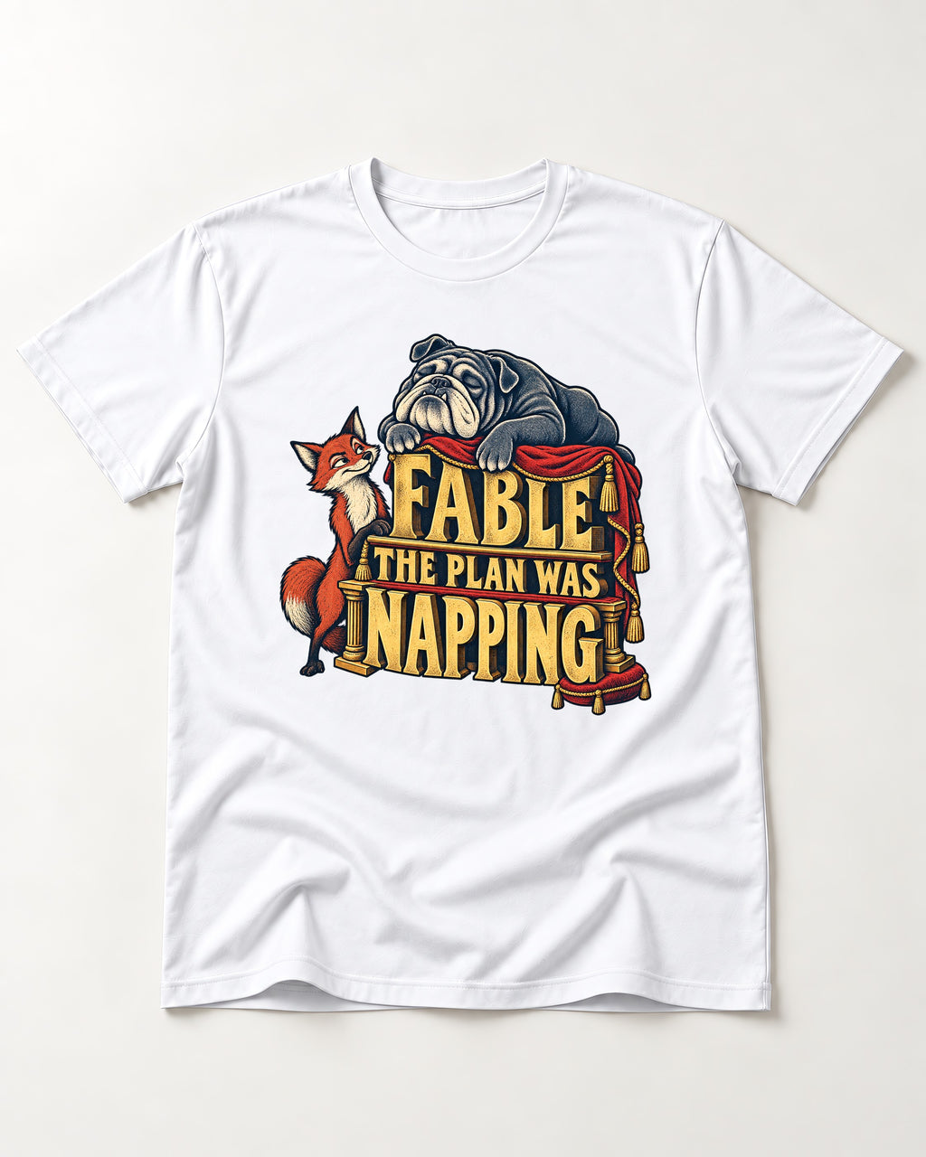 English Bulldog The Plan Was Napping T-Shirt in White, flat lay product photo