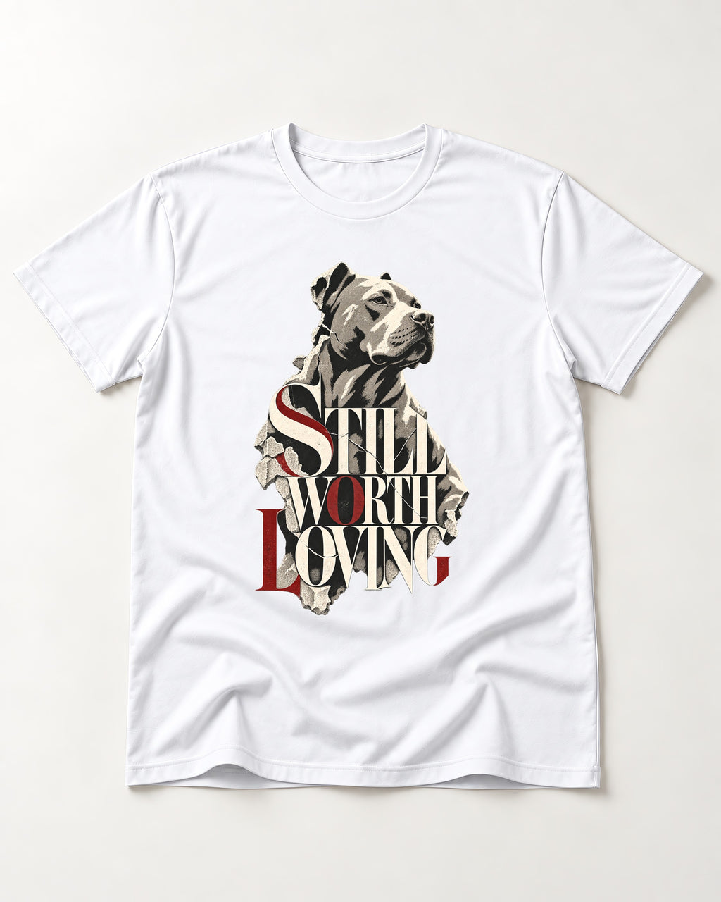 Pitbull Still Worth Loving Torn Poster Portrait Graphic T-Shirt in White, flat lay product photo