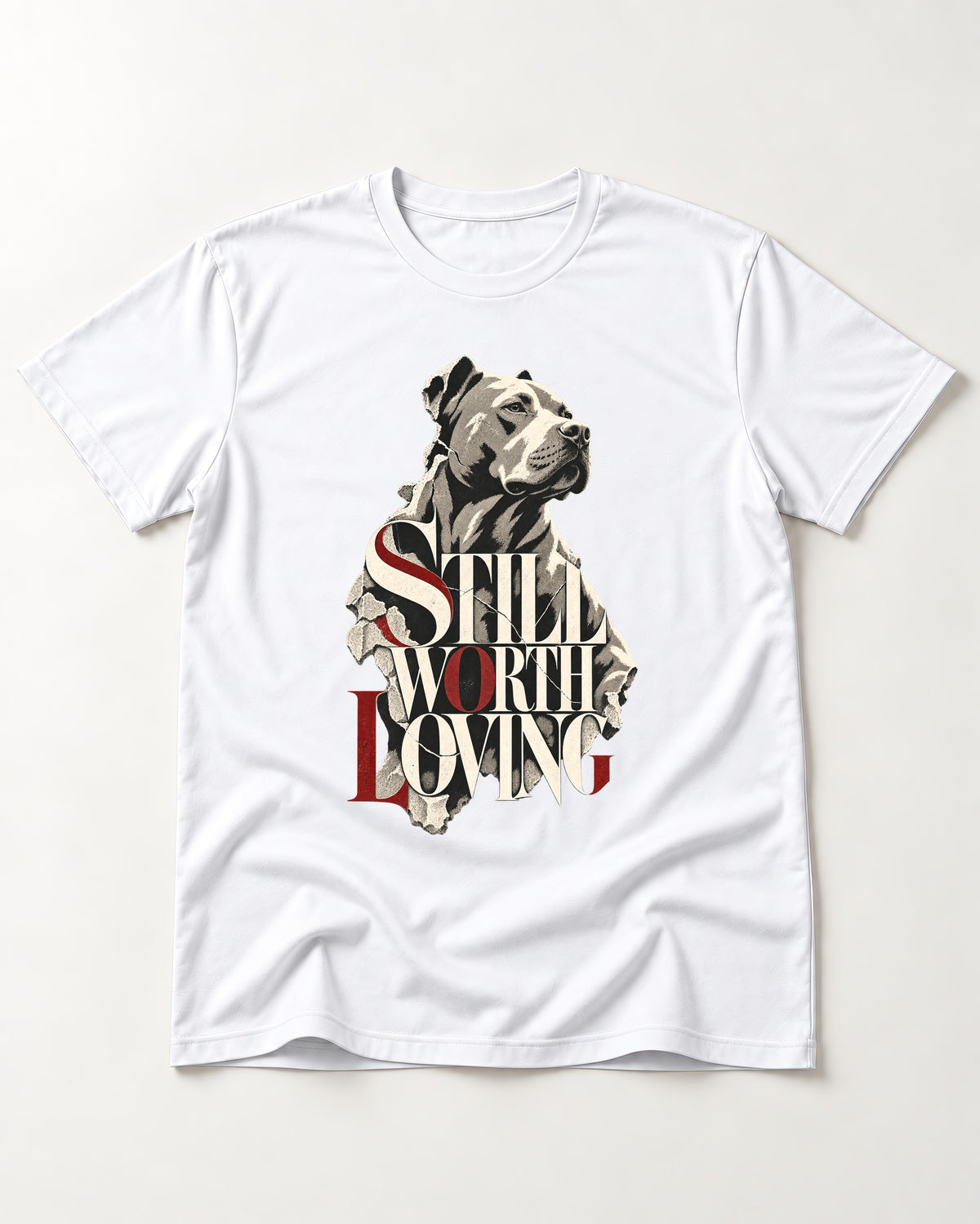 Pitbull Still Worth Loving Torn Poster Portrait Graphic T-Shirt in White, flat lay product photo