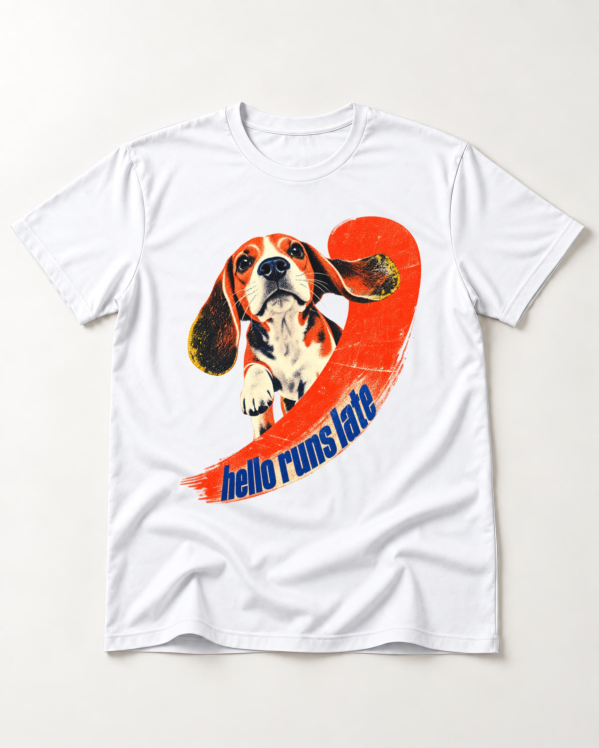 Beagle Hello Runs Late T-Shirt in White, flat lay product photo
