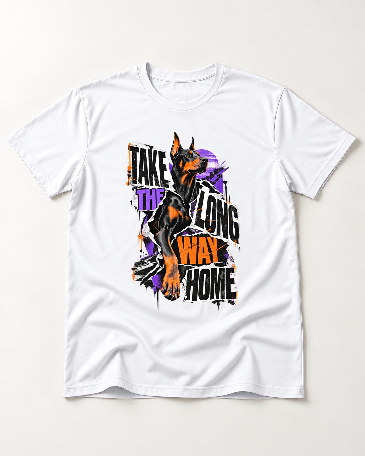 Doberman Long Way Home T-Shirt in White, flat lay product photo