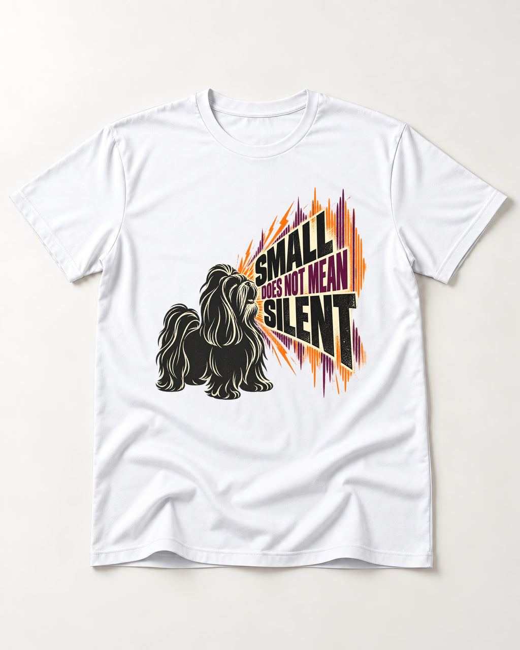 Small Not Silent Shih Tzu T-Shirt in White, flat lay product photo