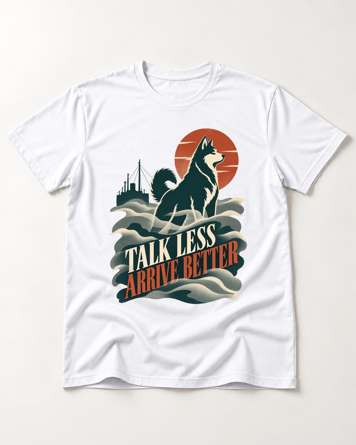 Husky Talk Less Arrive Better Harbor Wave Graphic T-Shirt in White, flat lay product photo