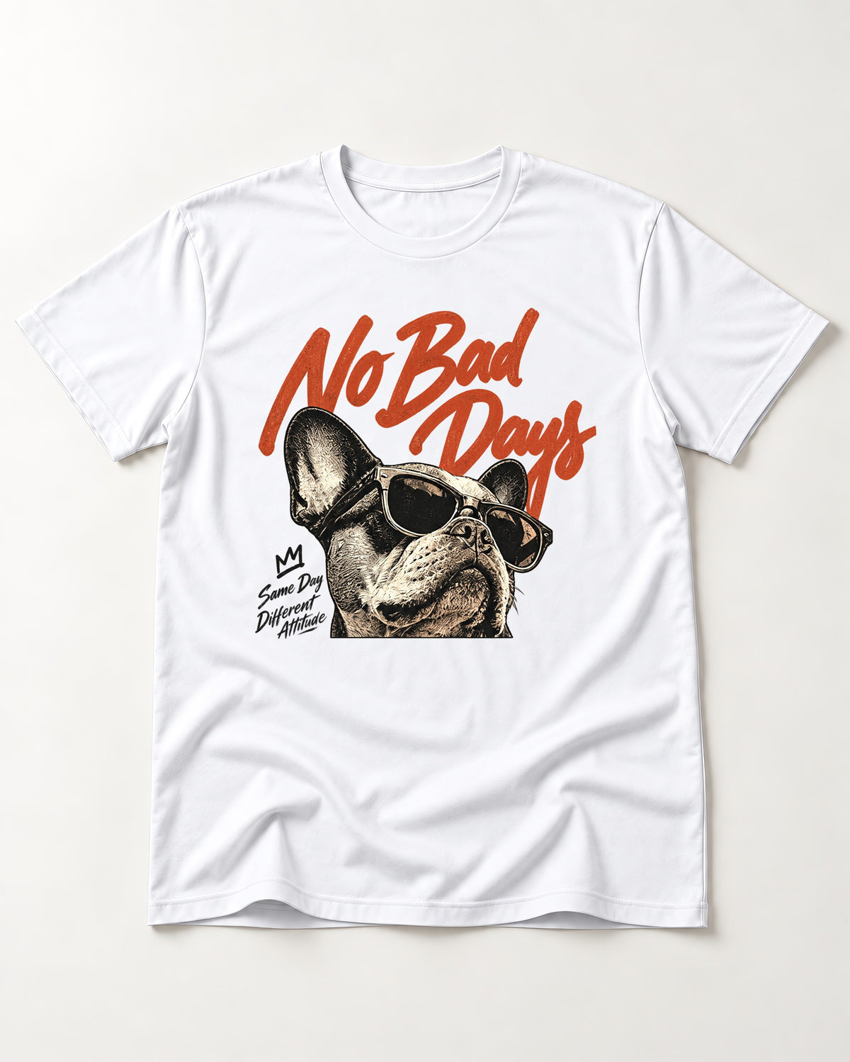 Frenchie No Bad Days T-Shirt in White, flat lay product photo