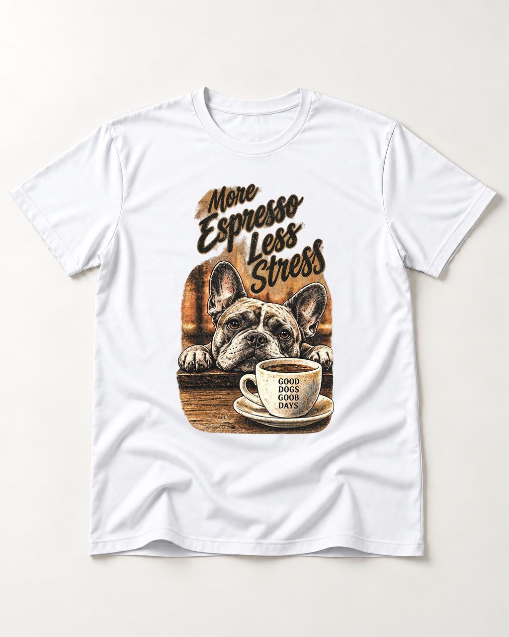 Frenchie More Espresso Less Stress T-Shirt in White, flat lay product photo