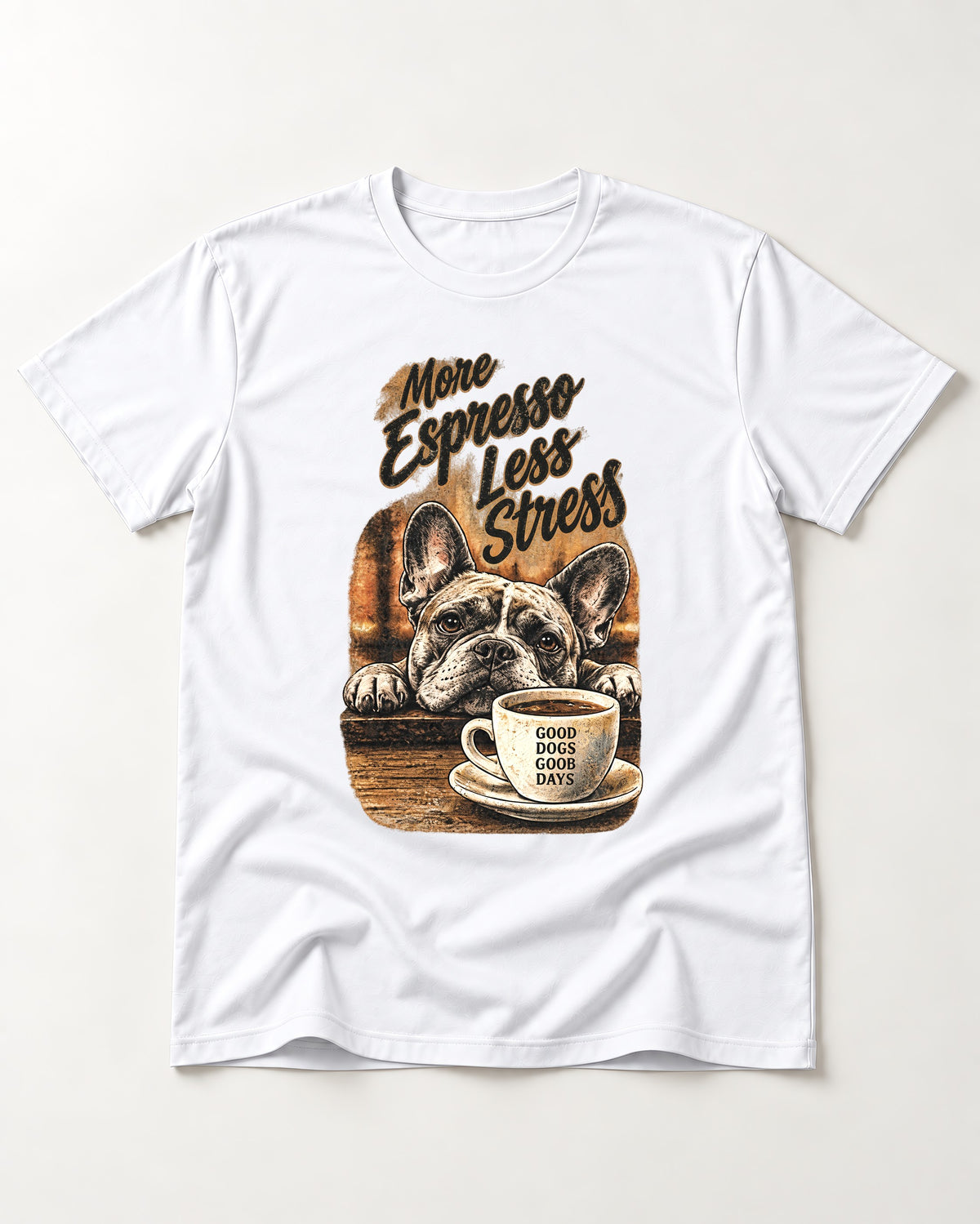 Frenchie More Espresso Less Stress T-Shirt in White, flat lay product photo