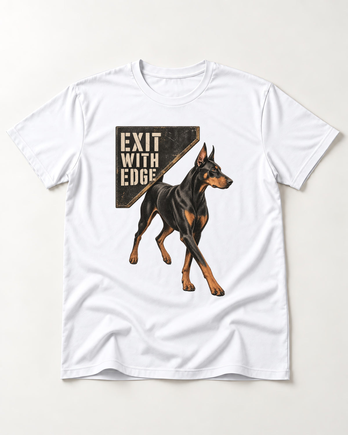 Exit with Doberman Edge T-Shirt in White, flat lay product photo