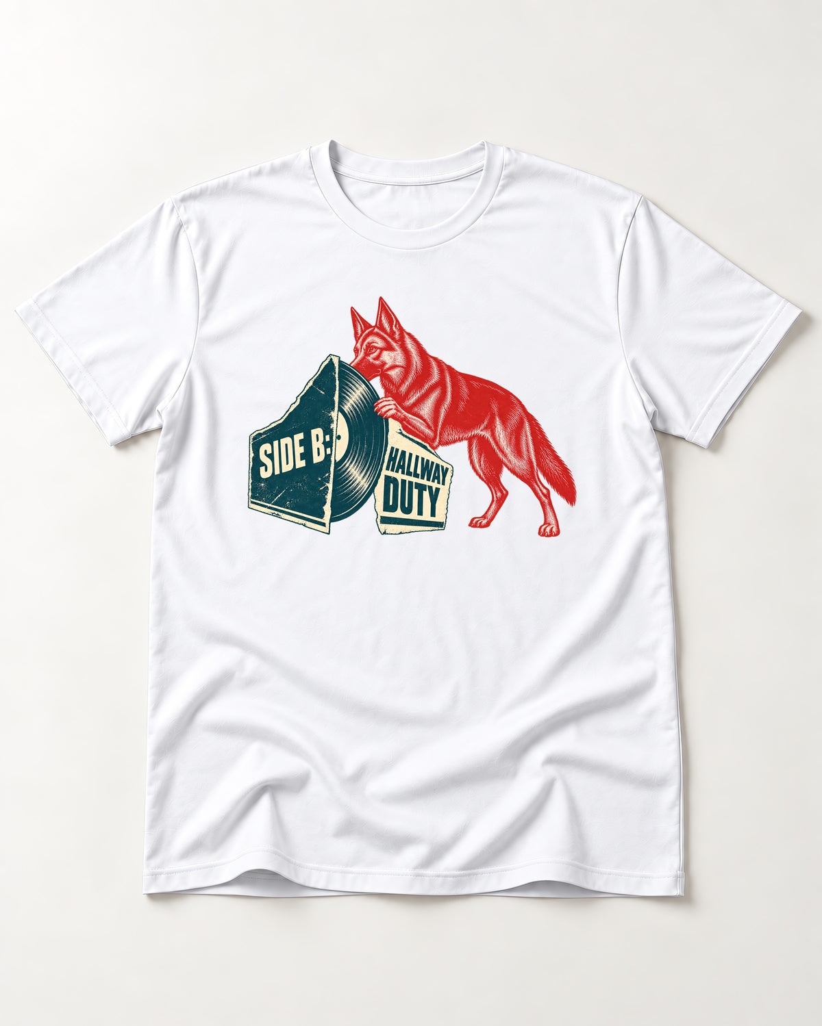 Side B Hallway Duty Vinyl Record German Shepherd Dog Graphic T-Shirt in White, flat lay product photo