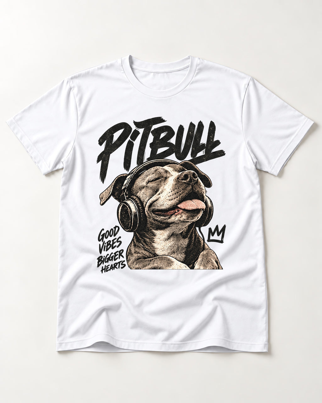 Pitbull Good Vibes Bigger Hearts T-Shirt in White, flat lay product photo