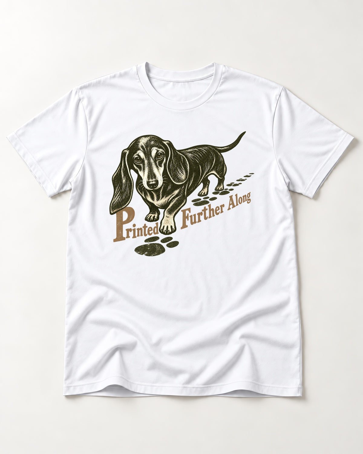 Dachshund Printed Further Along Footprint Graphic T-Shirt in White, flat lay product photo