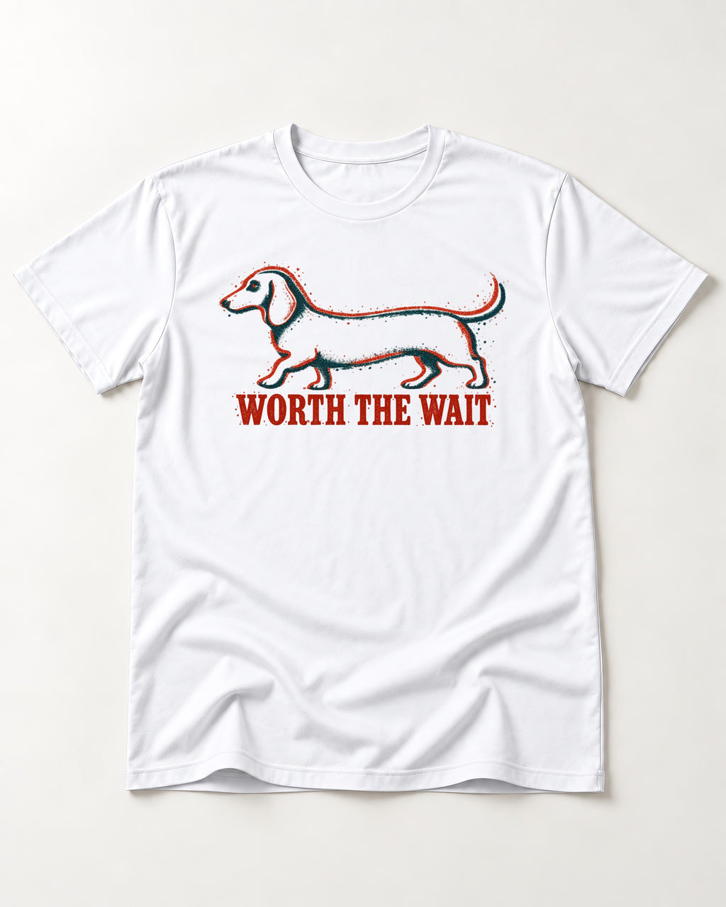 Dachshund Worth The Wait Distressed Outline Graphic T-Shirt in White, flat lay product photo