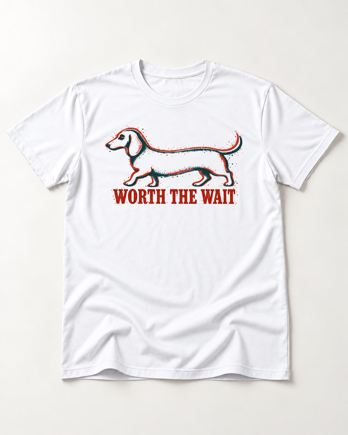 Dachshund Worth The Wait Distressed Outline Graphic T-Shirt in White, flat lay product photo