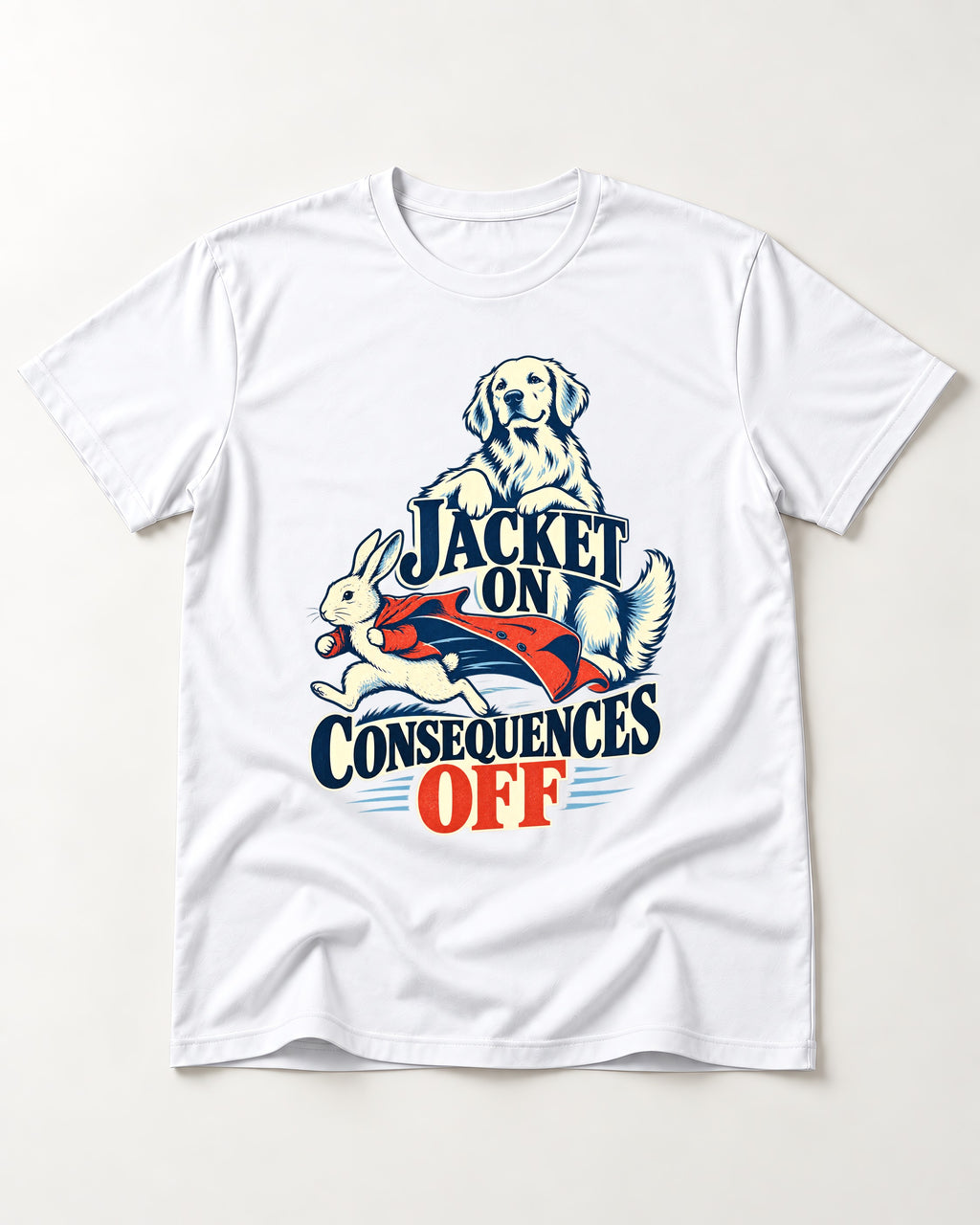 Golden Retriever Jacket On Consequences Off Rabbit Chase Graphic T-Shirt in White, flat lay product photo