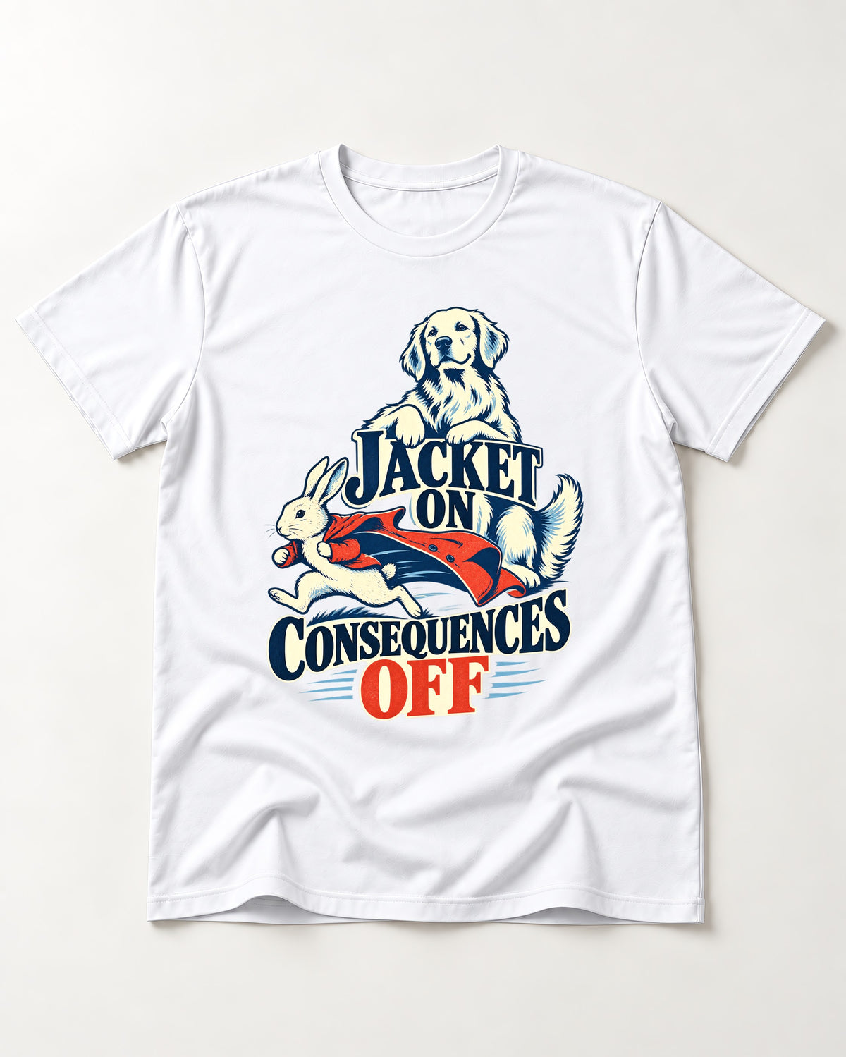 Golden Retriever Jacket On Consequences Off Rabbit Chase Graphic T-Shirt in White, flat lay product photo