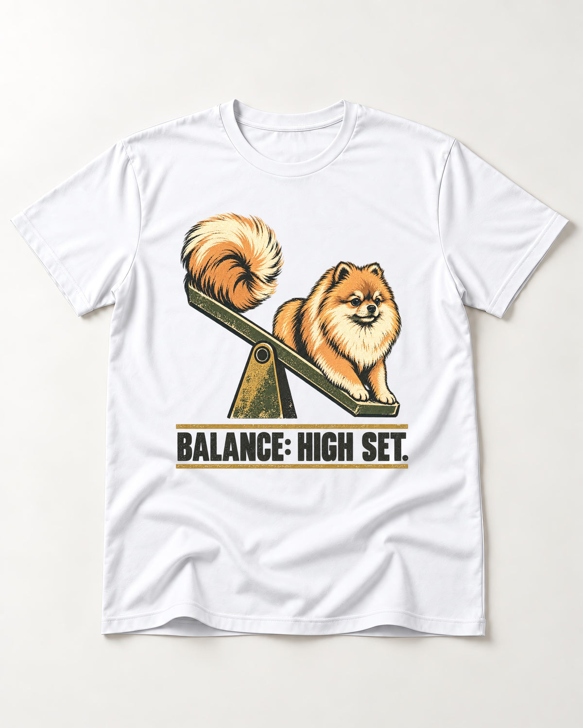 Pomeranian Balance High Set T-Shirt in White, flat lay product photo