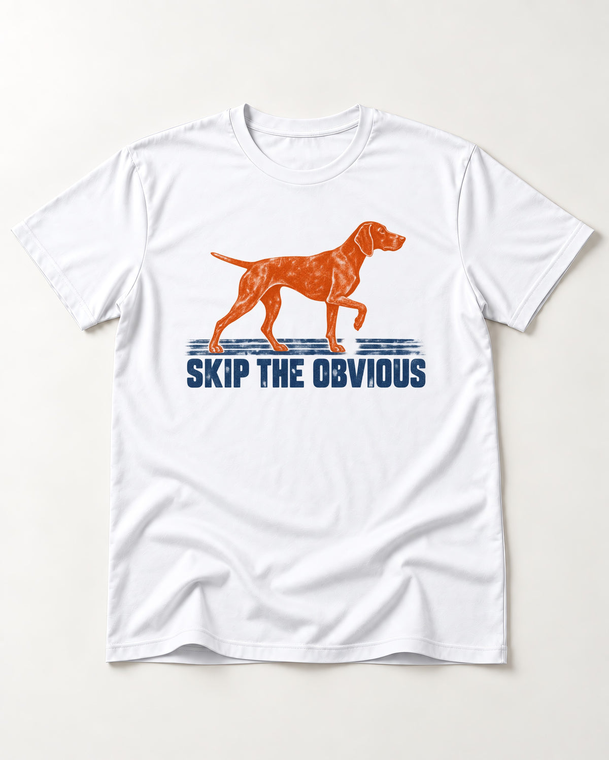 Skip the Obvious German Shorthaired Pointer T-Shirt in White, flat lay product photo