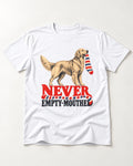 Never Empty Mouthed Golden Retriever T-Shirt in White, flat lay product photo