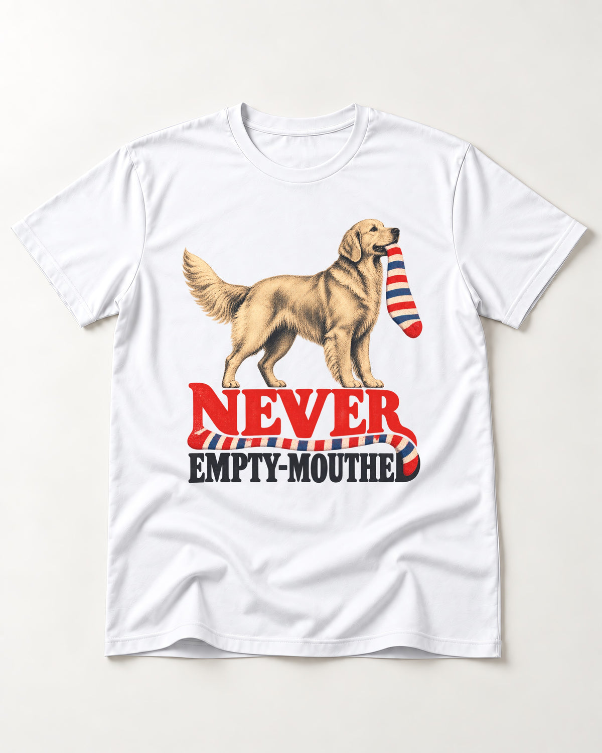 Never Empty Mouthed Golden Retriever T-Shirt in White, flat lay product photo