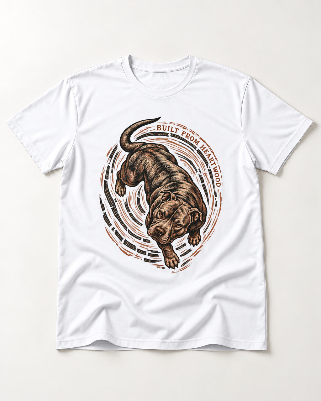 Pitbull Built From Heartwood T-Shirt in White, flat lay product photo