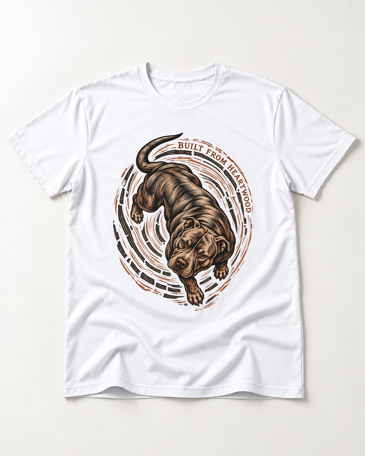 Pitbull Built From Heartwood T-Shirt in White, flat lay product photo