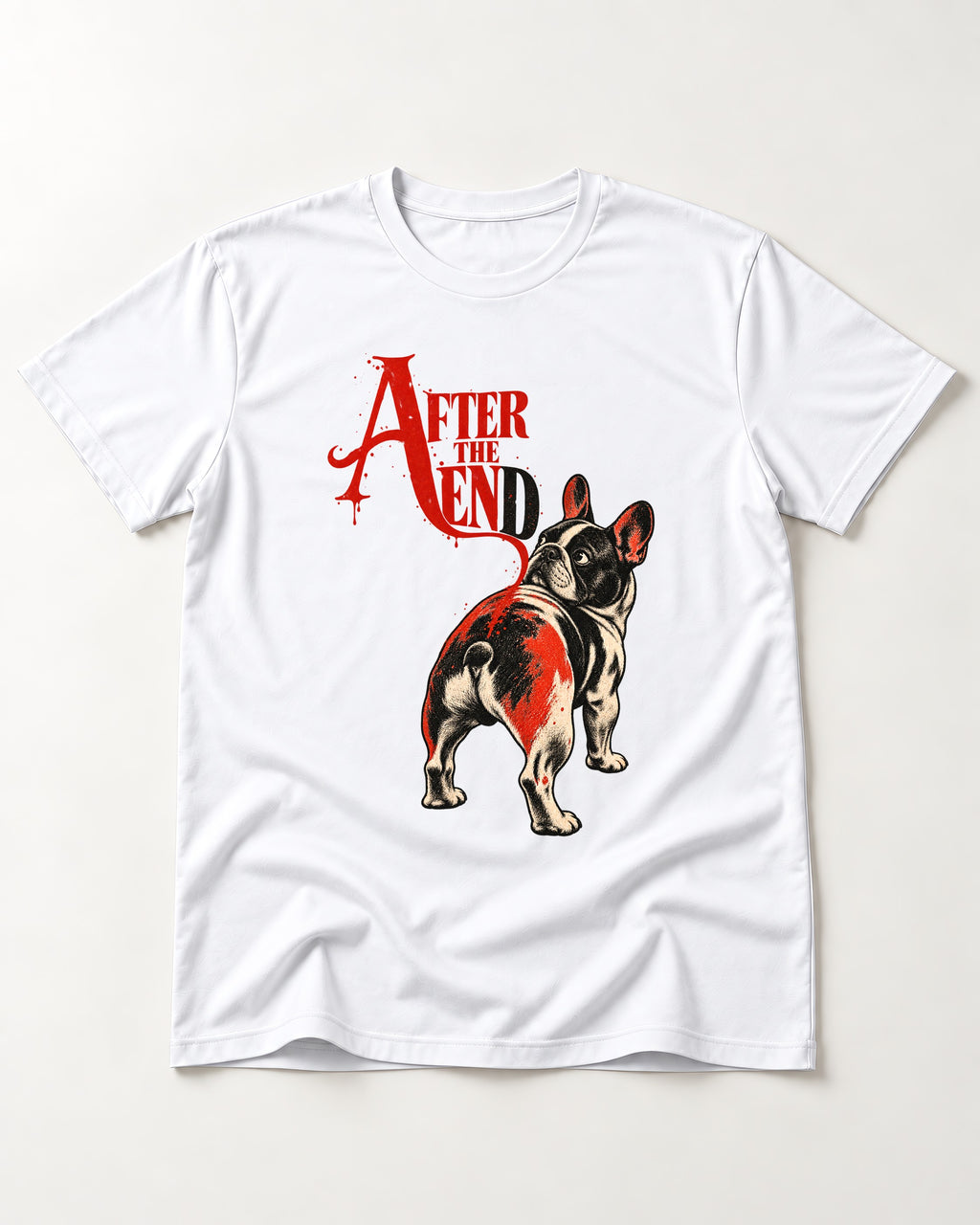 Frenchie After the End T-Shirt in White, flat lay product photo